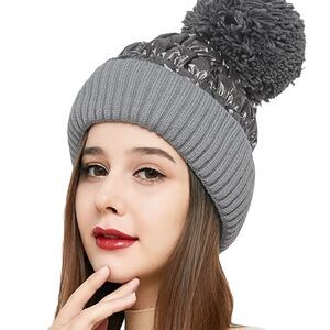 Beanie puffer Cuff Beanie Skull hat pom Pompom Fleece Lined Winter Cap